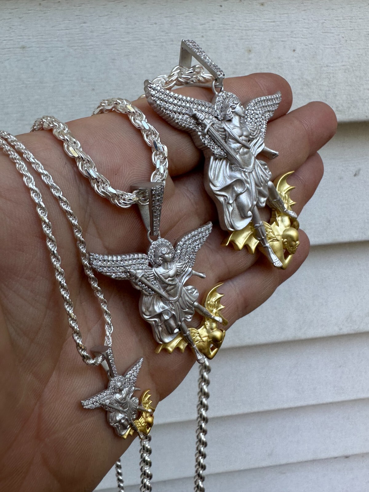 MOISSANITE St Michael Slaying Dragon Pendant 925 Silver & 14k Gold Necklace Iced