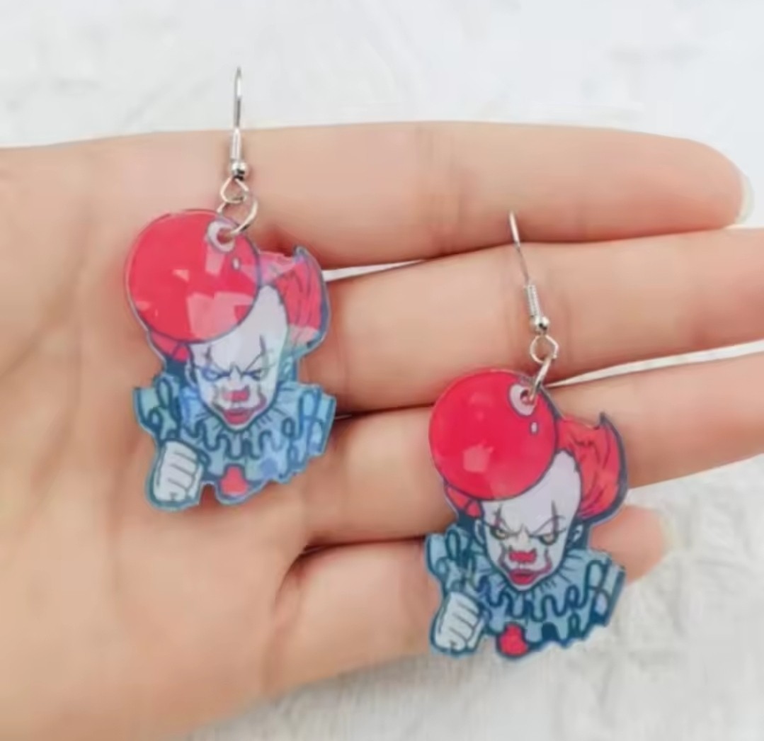 Women’s Fashion Halloween Jewelry Flat Acrylic Clown Penny Wise Earrings RE