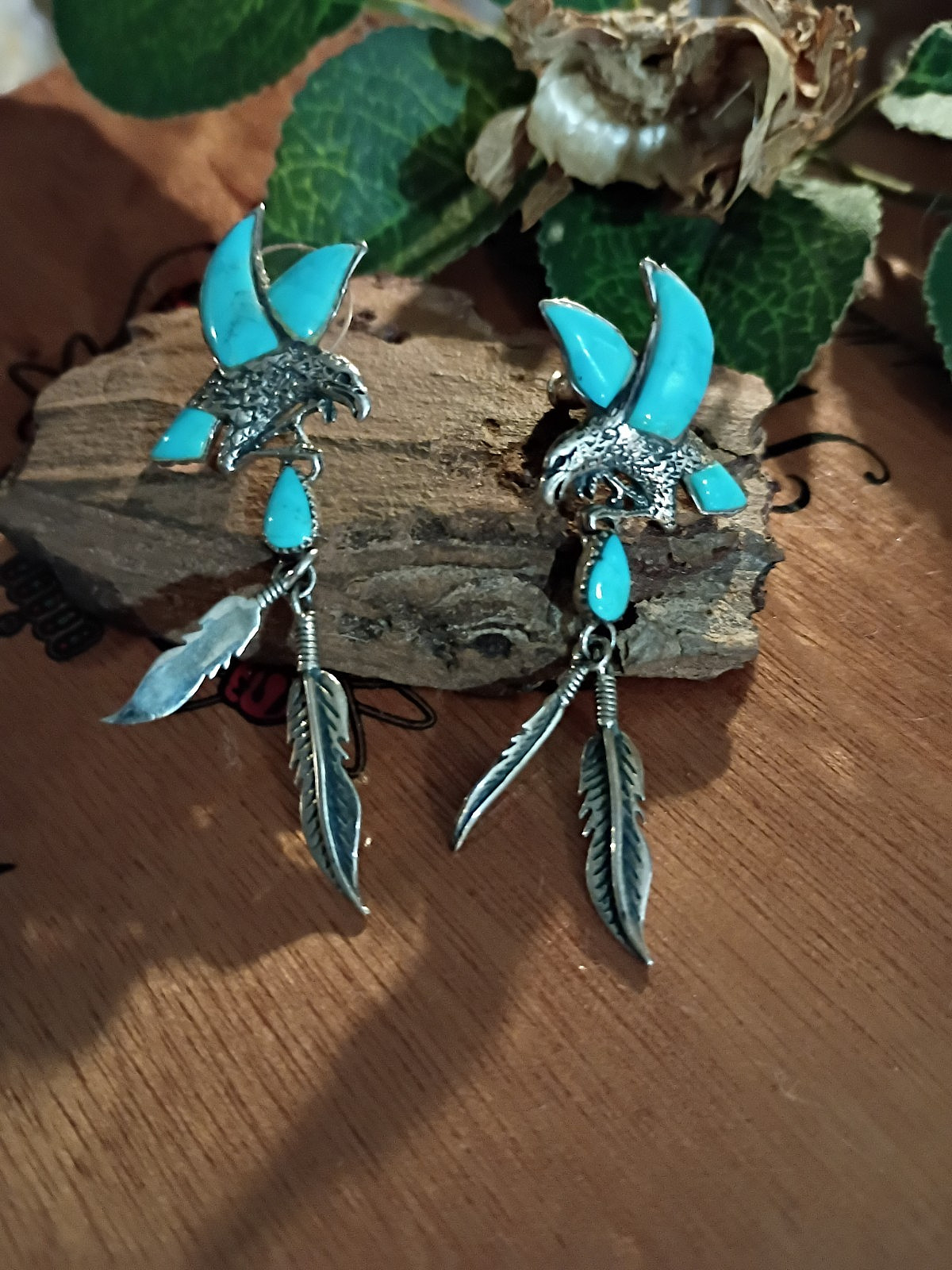 Turquoise Eagle Dangle Earrings with Feathers 925 Silver-Marked Philippines