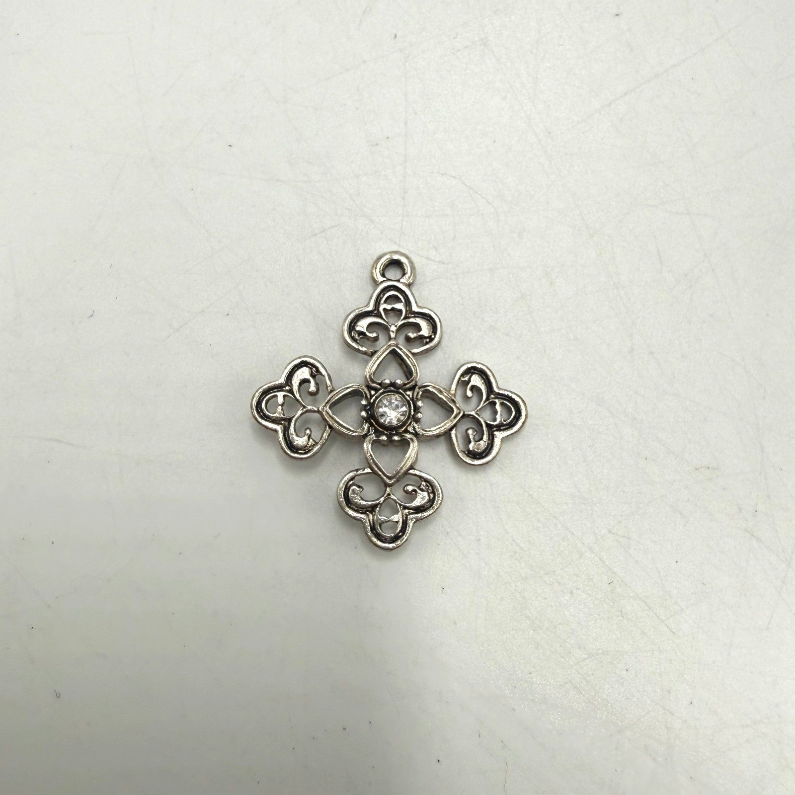Vintage Silver Tone Filigree Cross Pendant Rhinestone Heart Clover Charm
