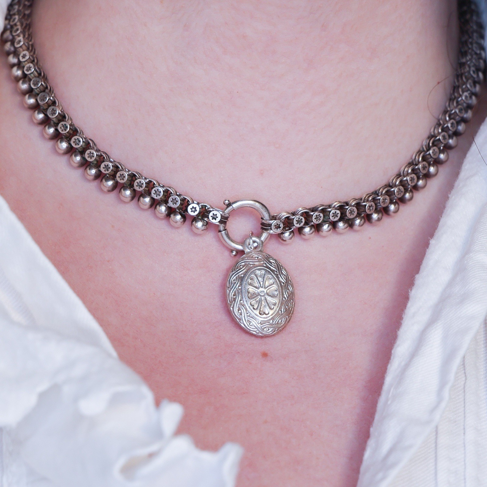 Antique French Puffy Oval Charm Sterling Silver Die Struck Engraved 19th Century