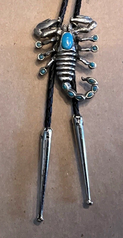 Men’s Adjustable Bolo Tie Black Leather Cord Silver-Tone Scorpion Blue Turquoise