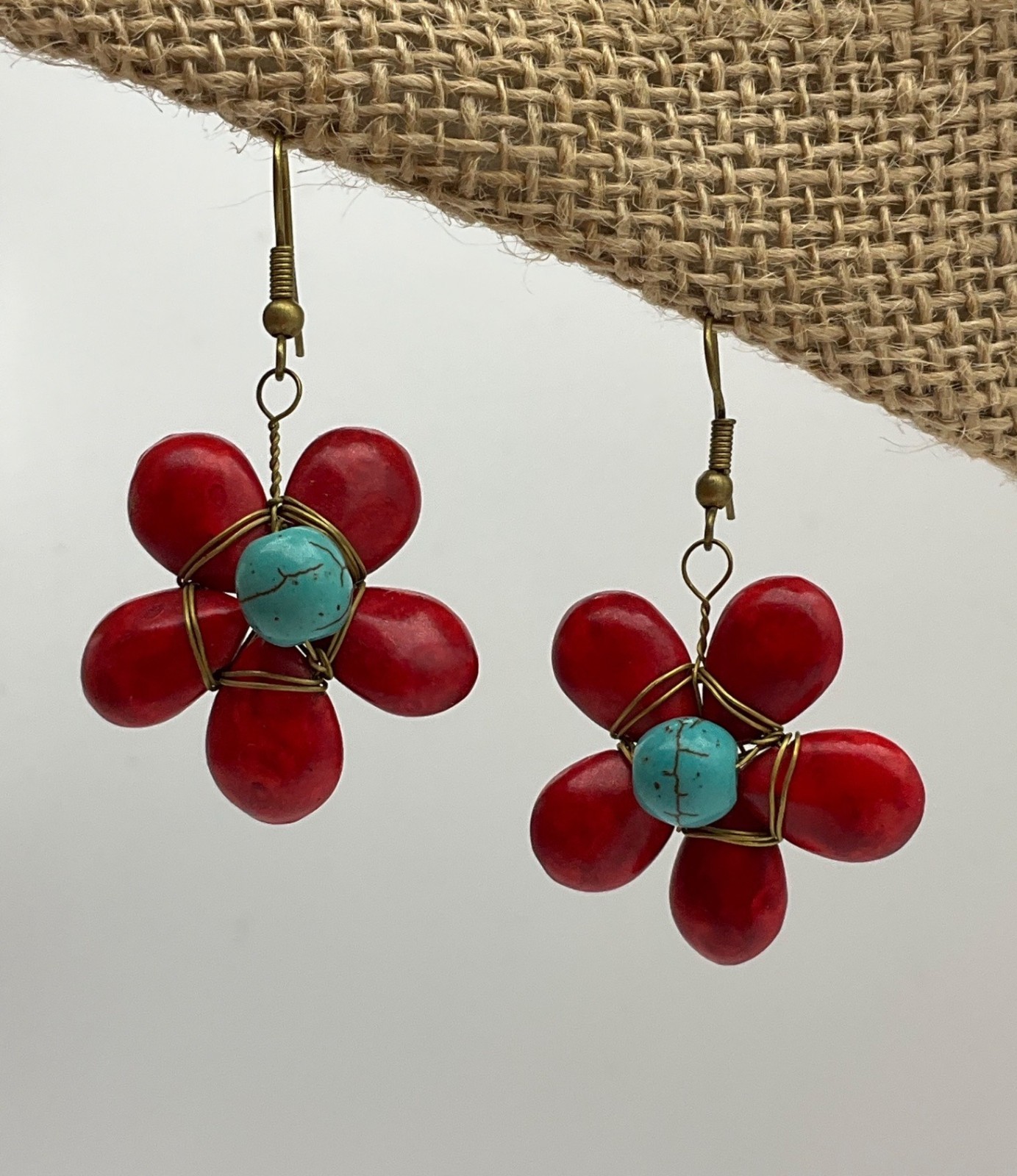 Artisan Handmade Ceramic Beads Red Turquoise Flower Earrings Wired Boho