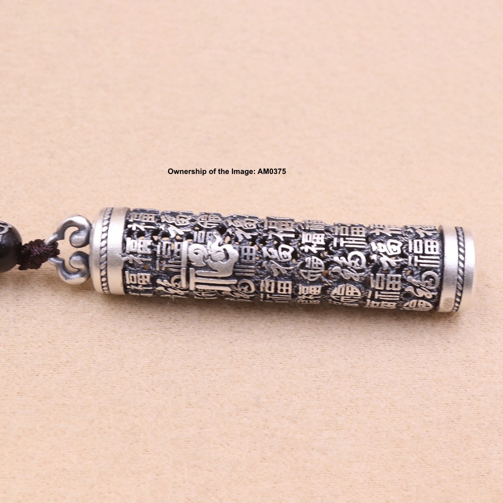 Solid 999 Pure Silver Long Cylindrical Pendant Engraved 福 (Good Fortune) Symbol