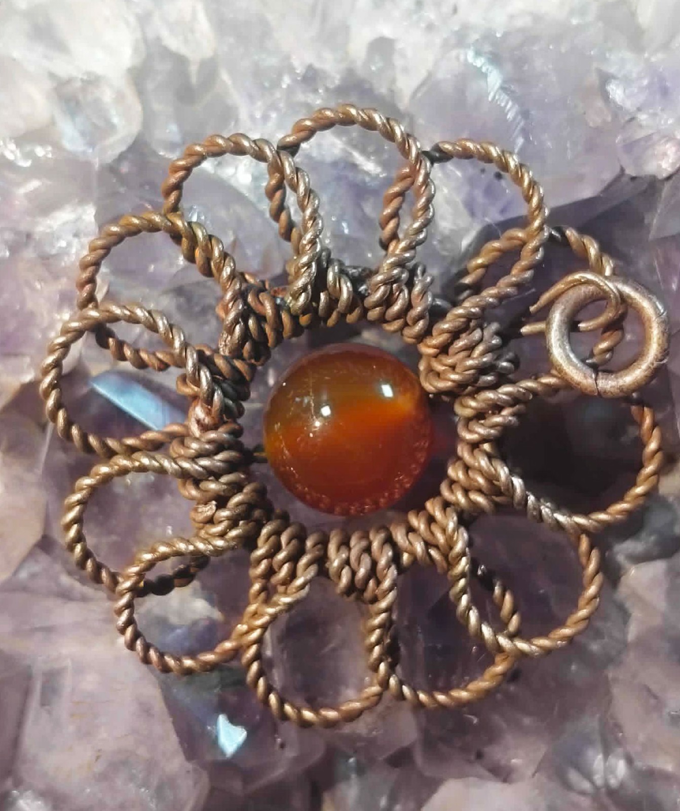 Flower Pendant Copper Daisy Wire Wrapped Mandala Agate Energy Lucky Jewelry #PM5