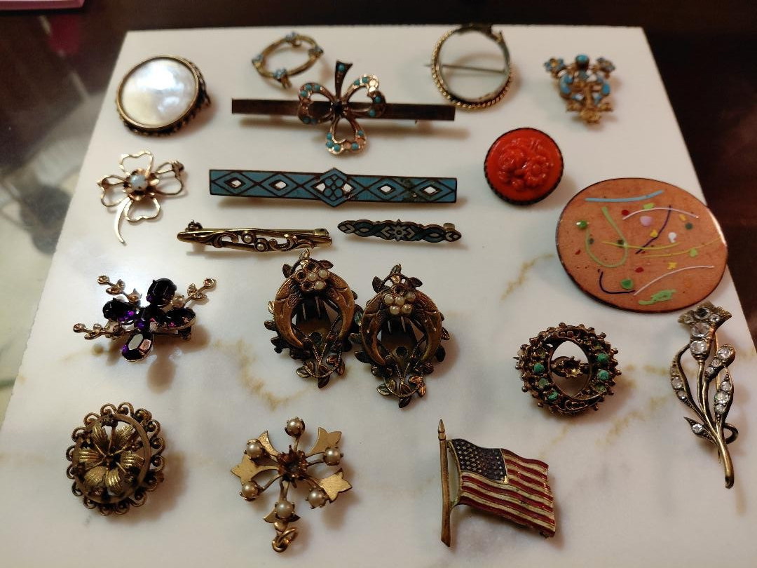 Antique Victorian Jewelry Lot Gold Filled, Mourning Brooches.