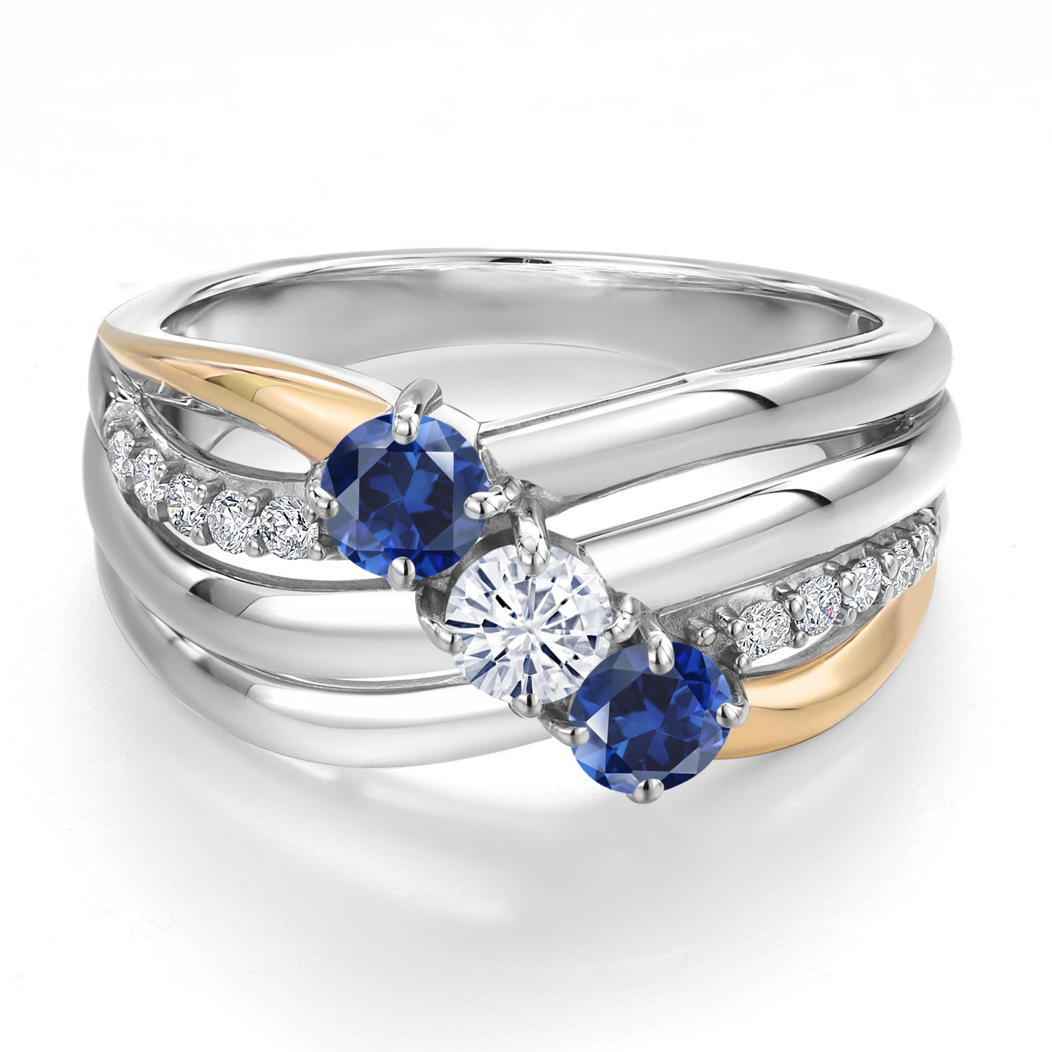 925 Silver and 10K Yellow Gold Created Sapphire and Moissanite and Lab Grown