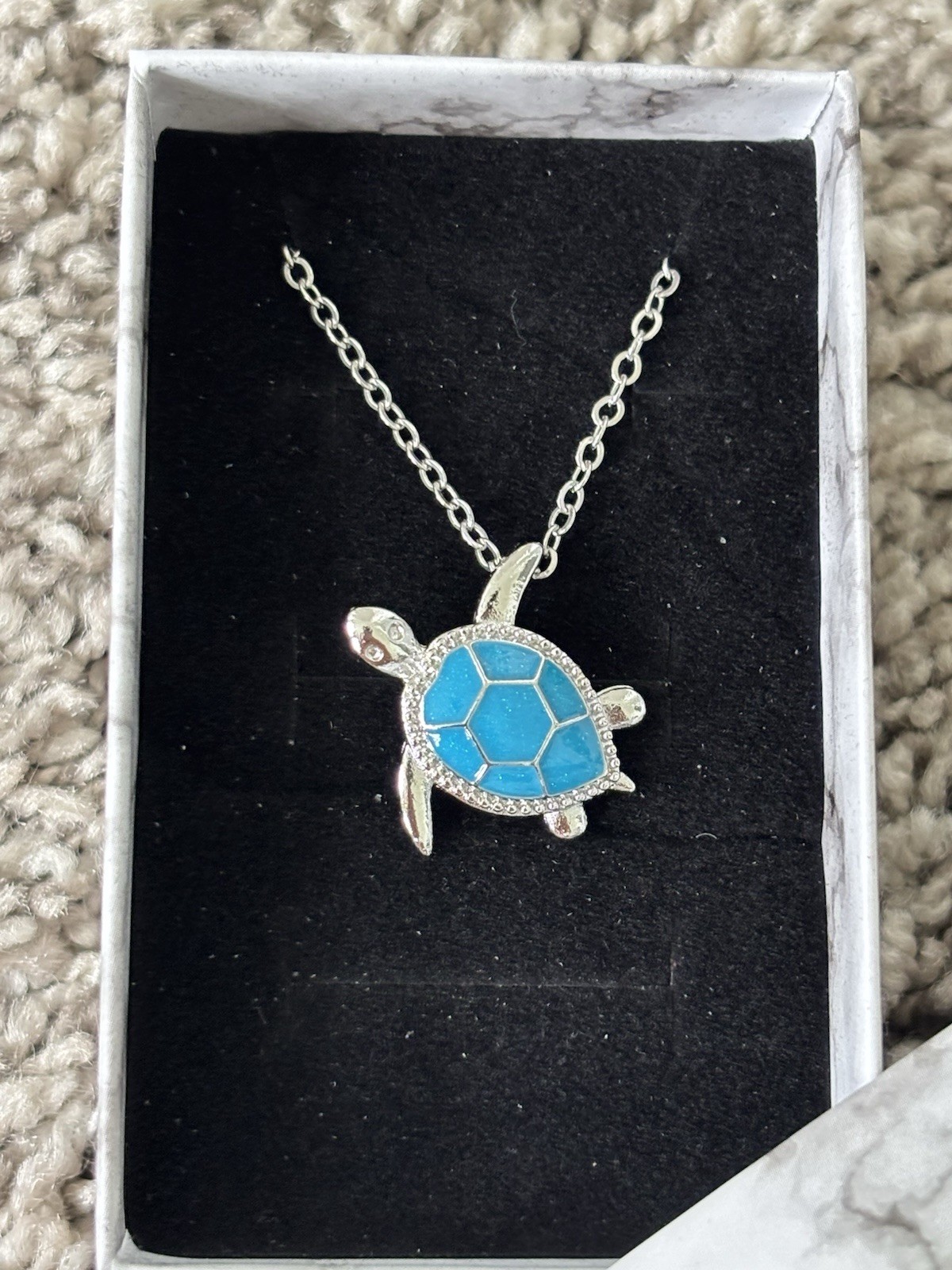 Blue And Sliver Colored Sea Turtle Necklace With Lobster Clasp