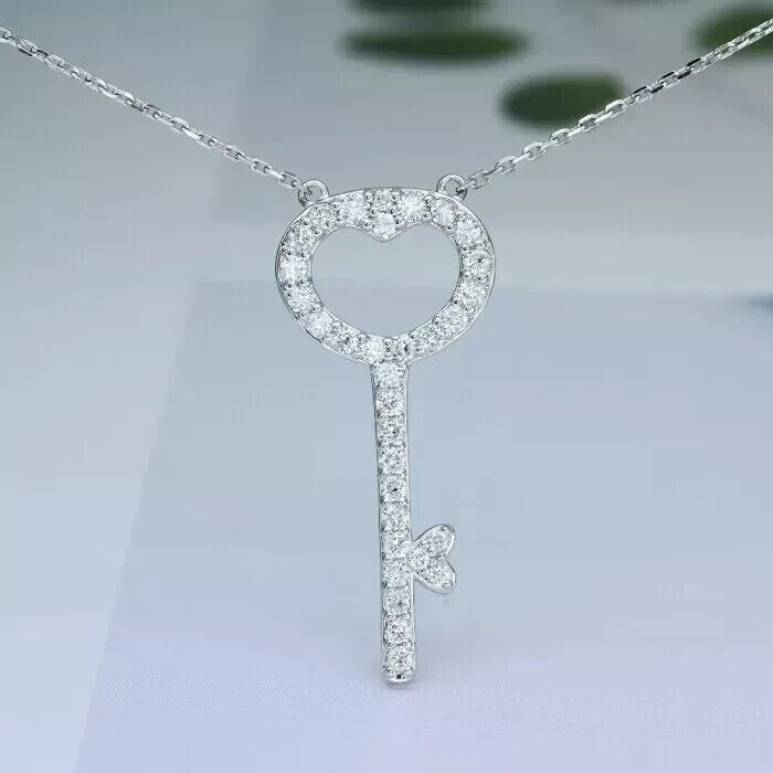 Round Cut Simulated Diamond Pretty Heart Key Fancy Pendant 14k White Gold Plated