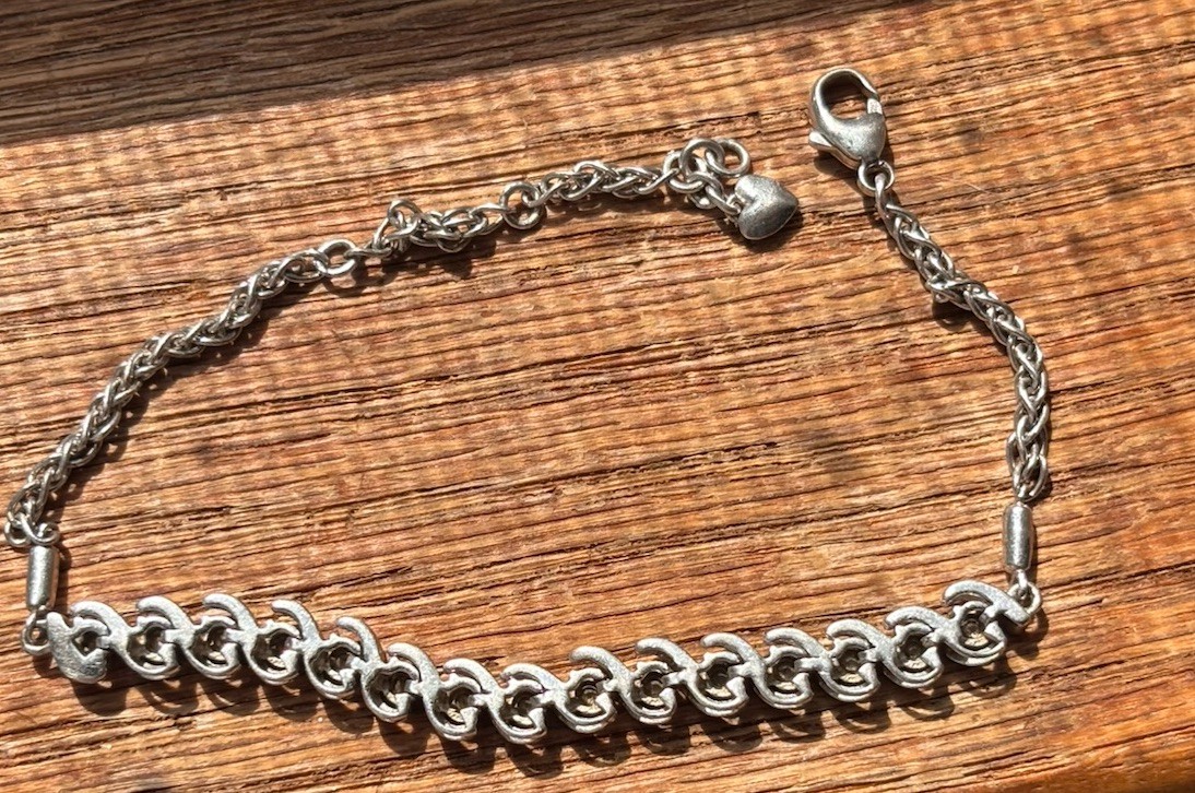 925 Sterling Silver CZ Twisted Link Tennis Bracelet Heart Charm Adjustable 7-8”