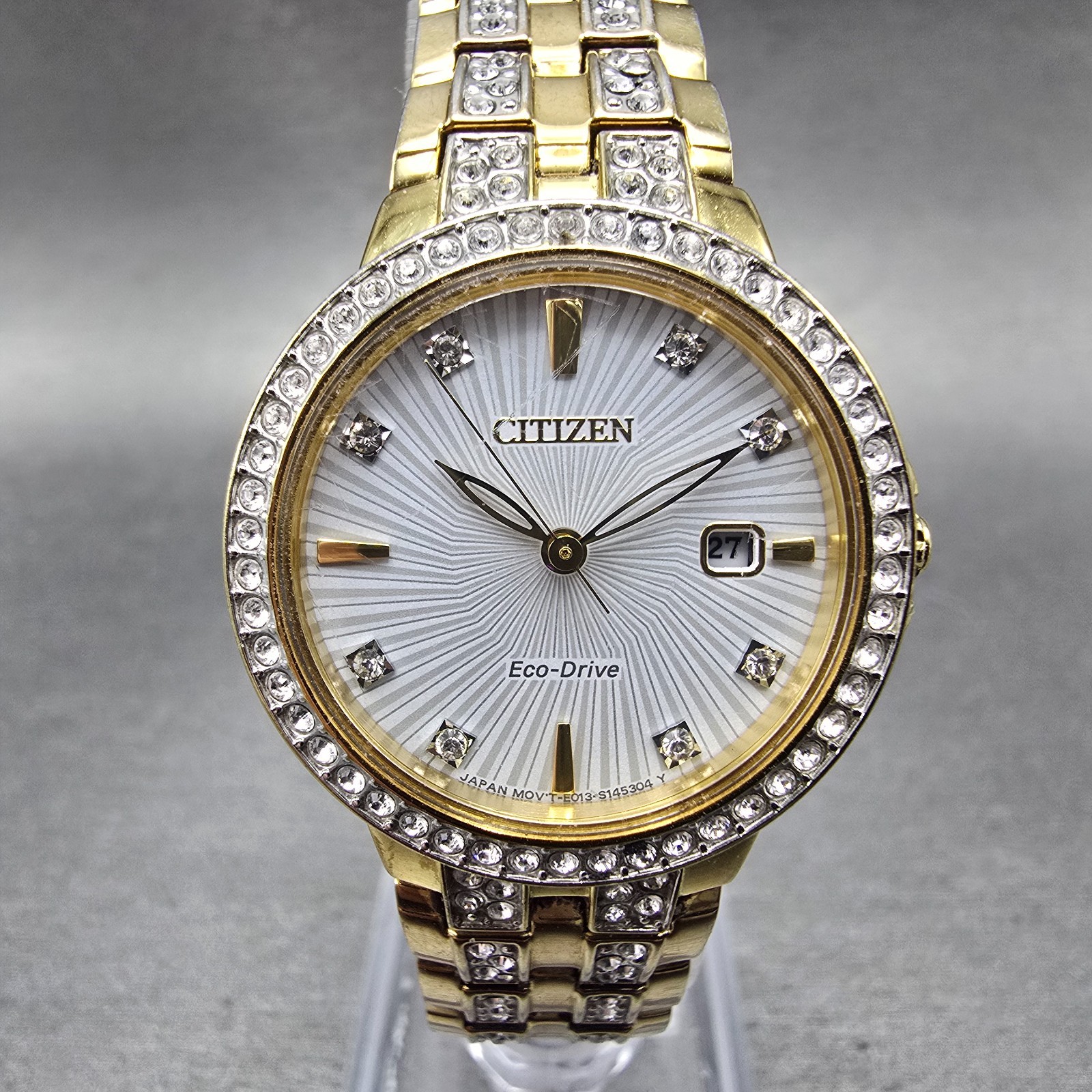 Citizen Eco-Drive Watch Women 28mm Gray Dial Gold Tone EW2342-52B Runs Crystals