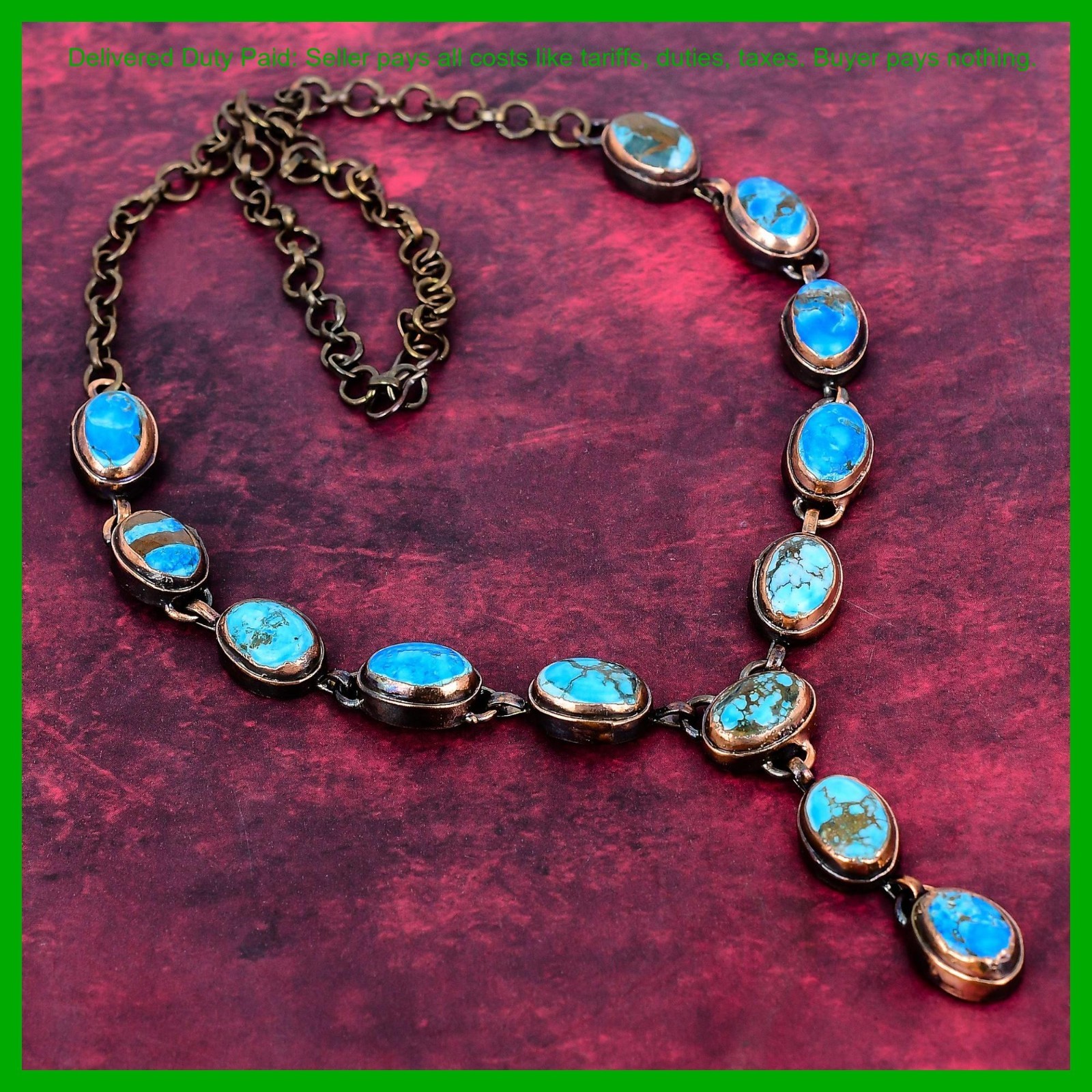 Copper Tibetan Turquoise Gemstone New Electroformed Bezel Chain Necklace Jewelry