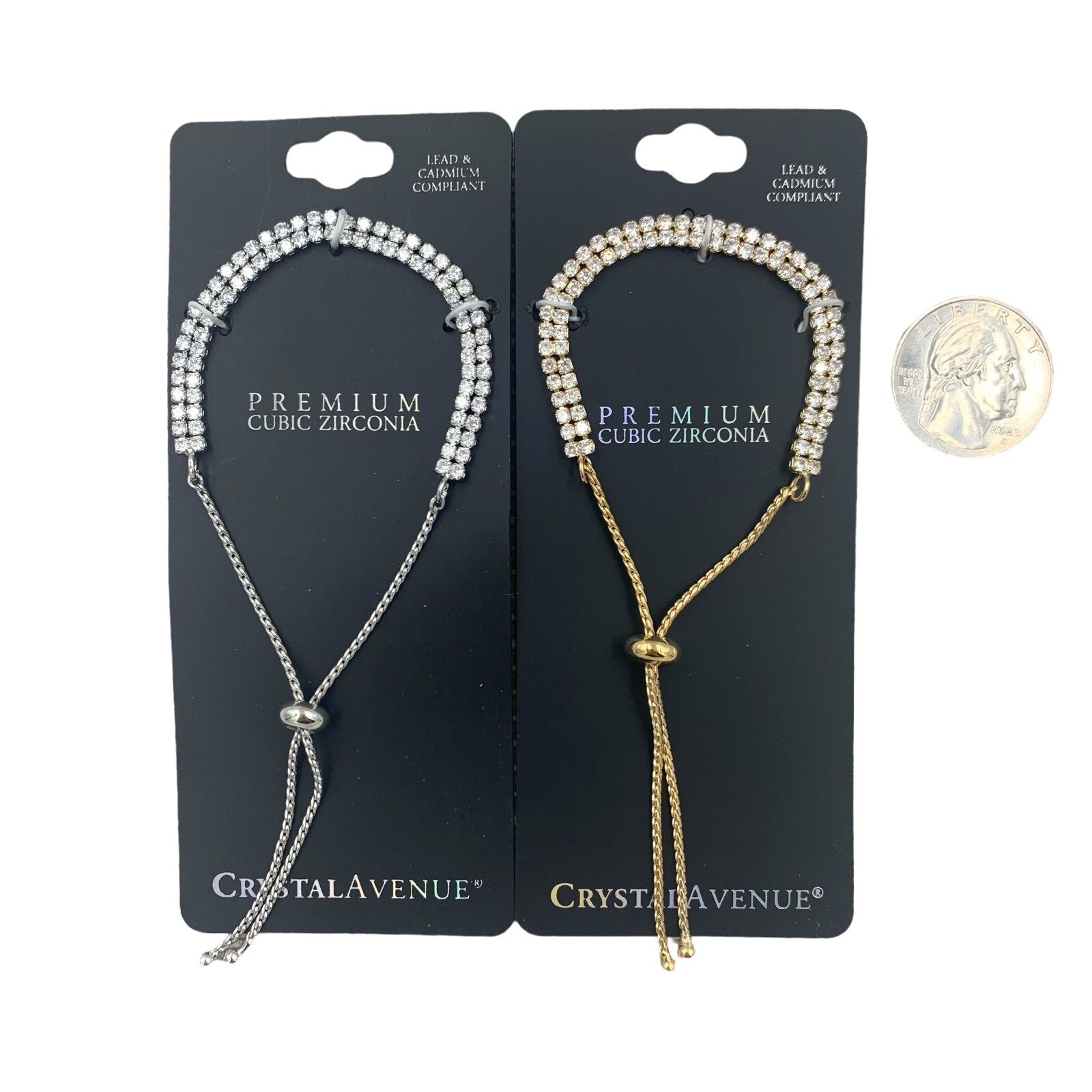 Cubic Zirconia Two Row Slider Bracelet, Rhodium or Gold Plated (7-9in)