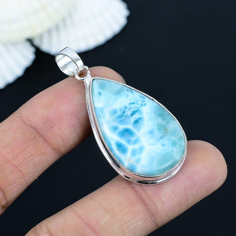 Natural Larimar Pear Gemstone Pendant 925 Sterling Silver Handmade Jewelry
