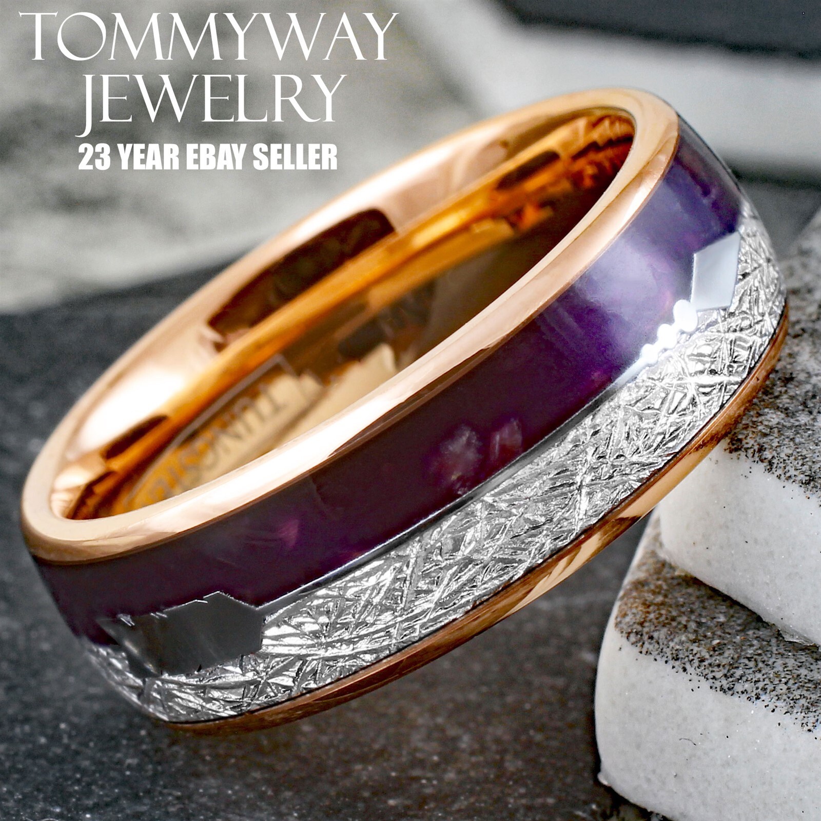 Rose Gold Plated Tungsten Men’s Ring Purple Lapis & Faux Meteorite Wedding Band
