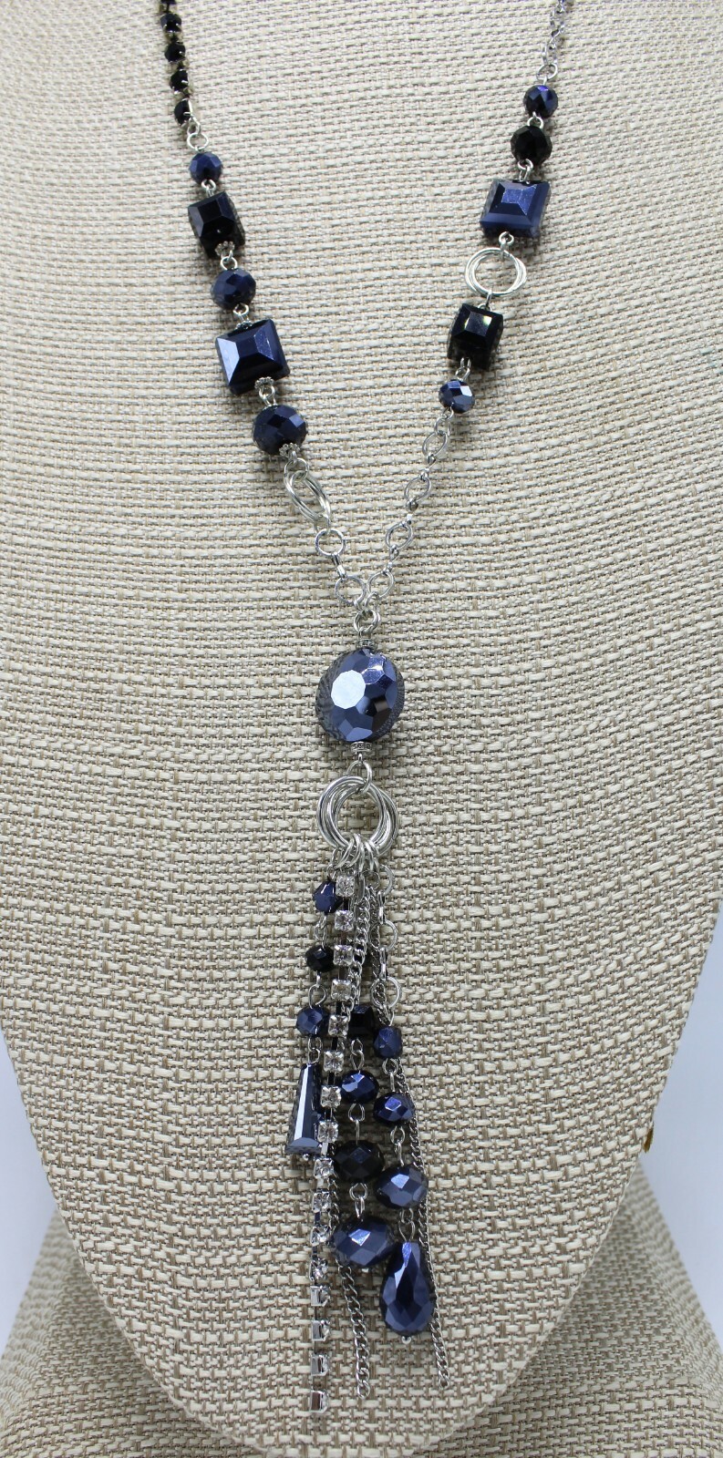 I.N.C. Silver Tassel Necklace with Jet Stones & Rhinestones NWT $39.50 #N2728