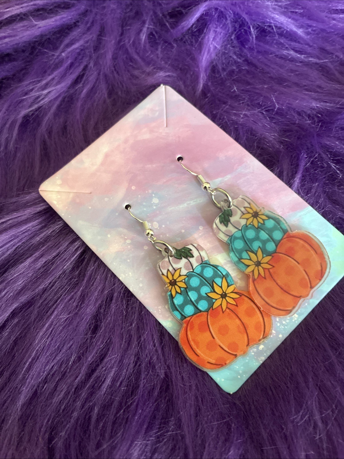 Autumn Acrylic Pumpkin Shaped Drop Style Earrings. Perfect For Halloween, Fall