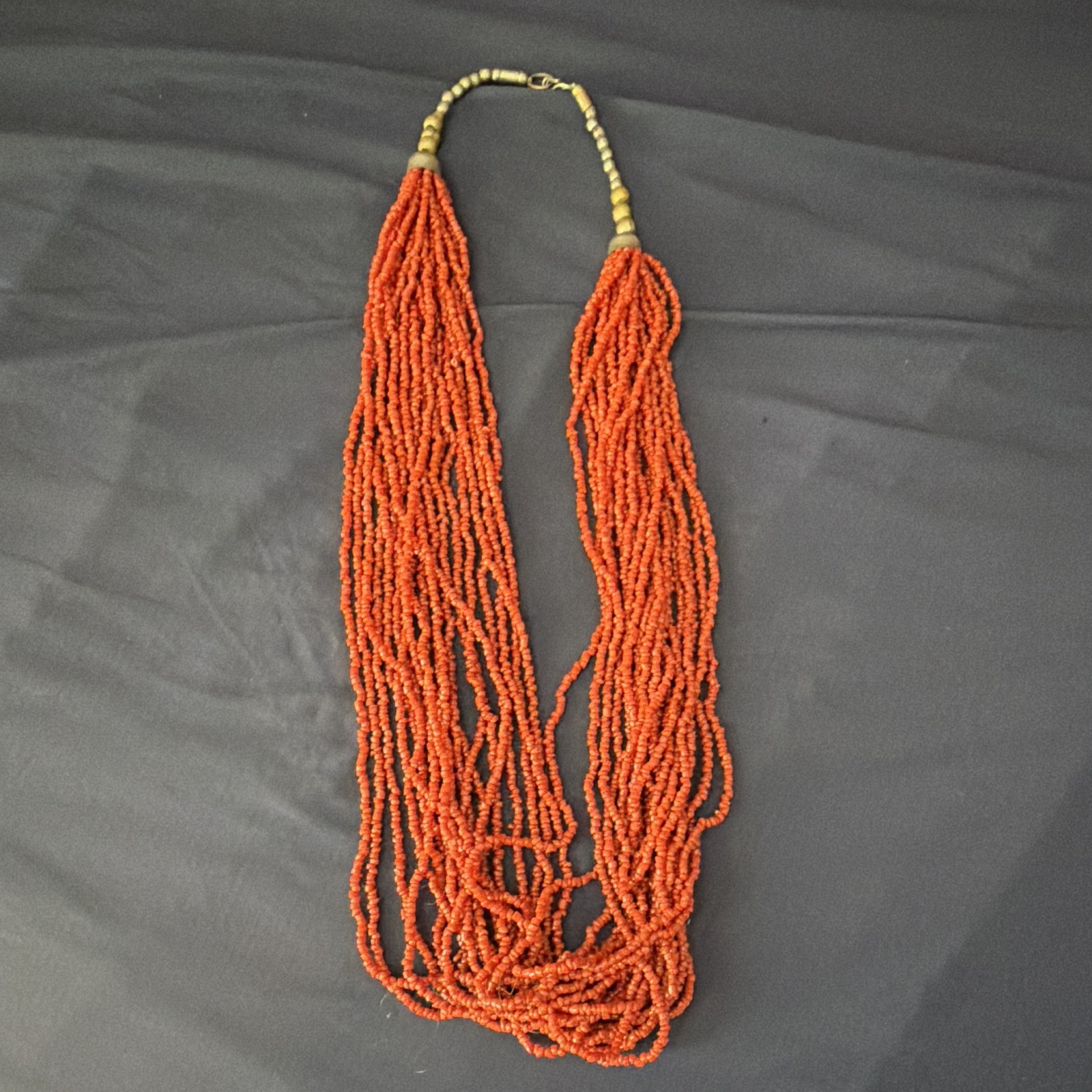 Orange/Red Multi-Strand Beaded Necklace, Brass Metal Beads, Hook Clasp – Vintage