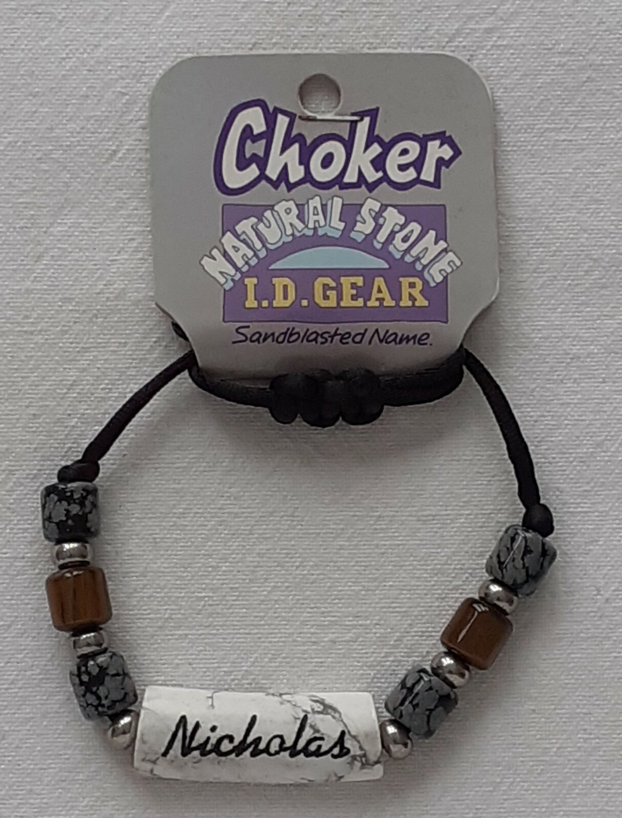 ID Choker / Necklace – Natural Stone – Sandblasted Name – Nicholas – Brand New