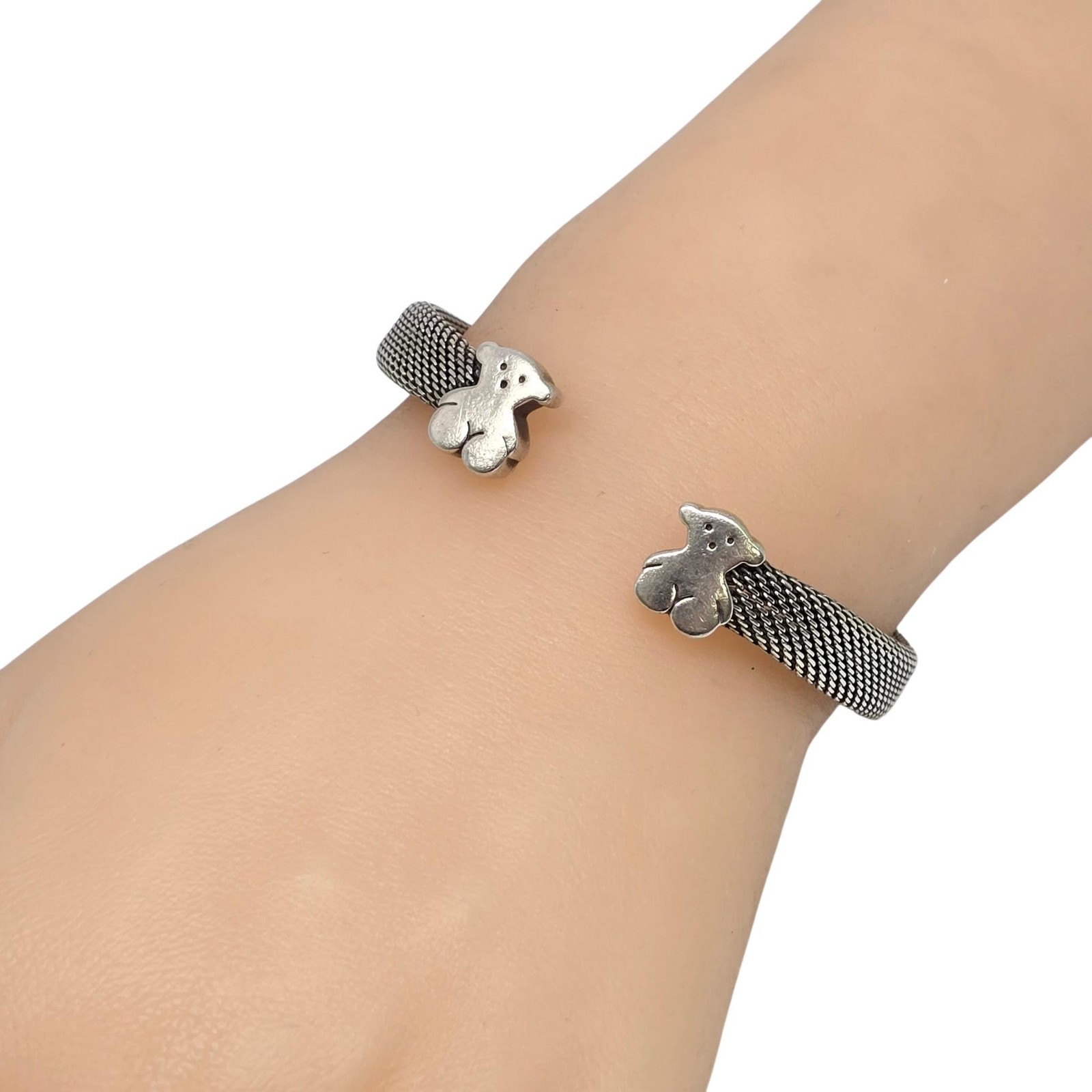 Tous Sterling Silver Bear Motif Mesh Cuff Bracelet #25647