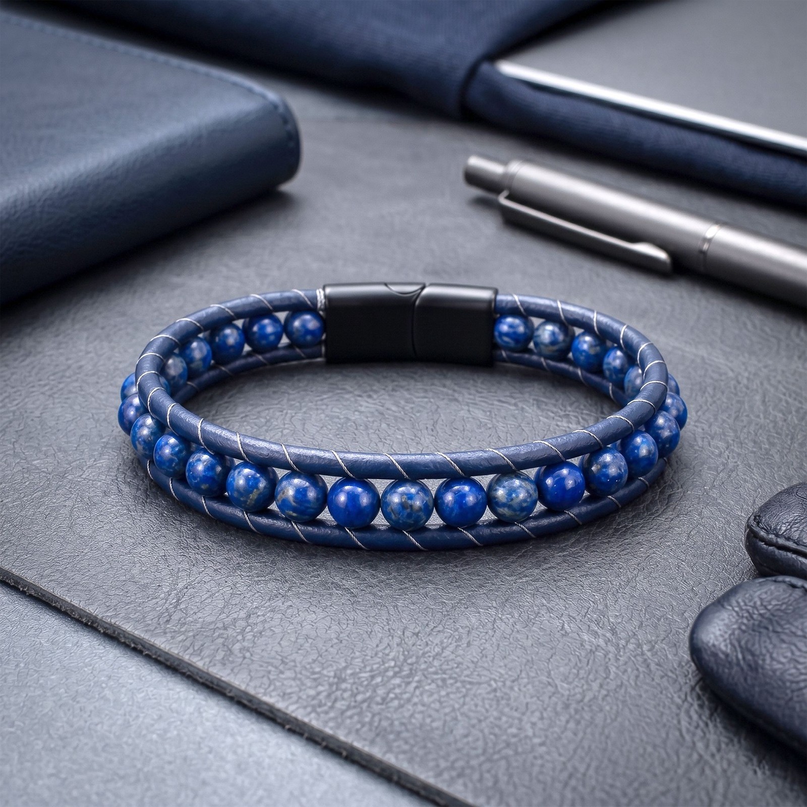 Lapis Lazuli Gemstone Leather Cord & Stainless Steel Men’s Bracelet 6mm