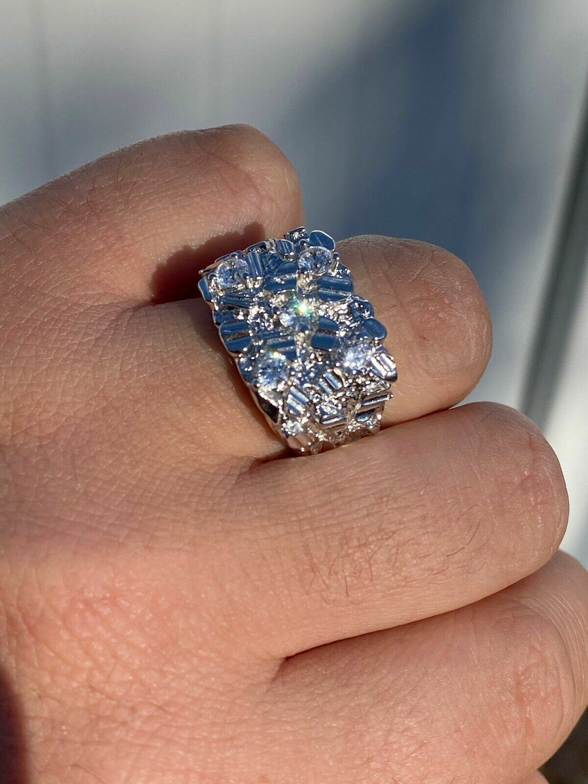 Mens REAL Solid 925 Sterling Silver Iced Nugget Ring Hip Hop CZ