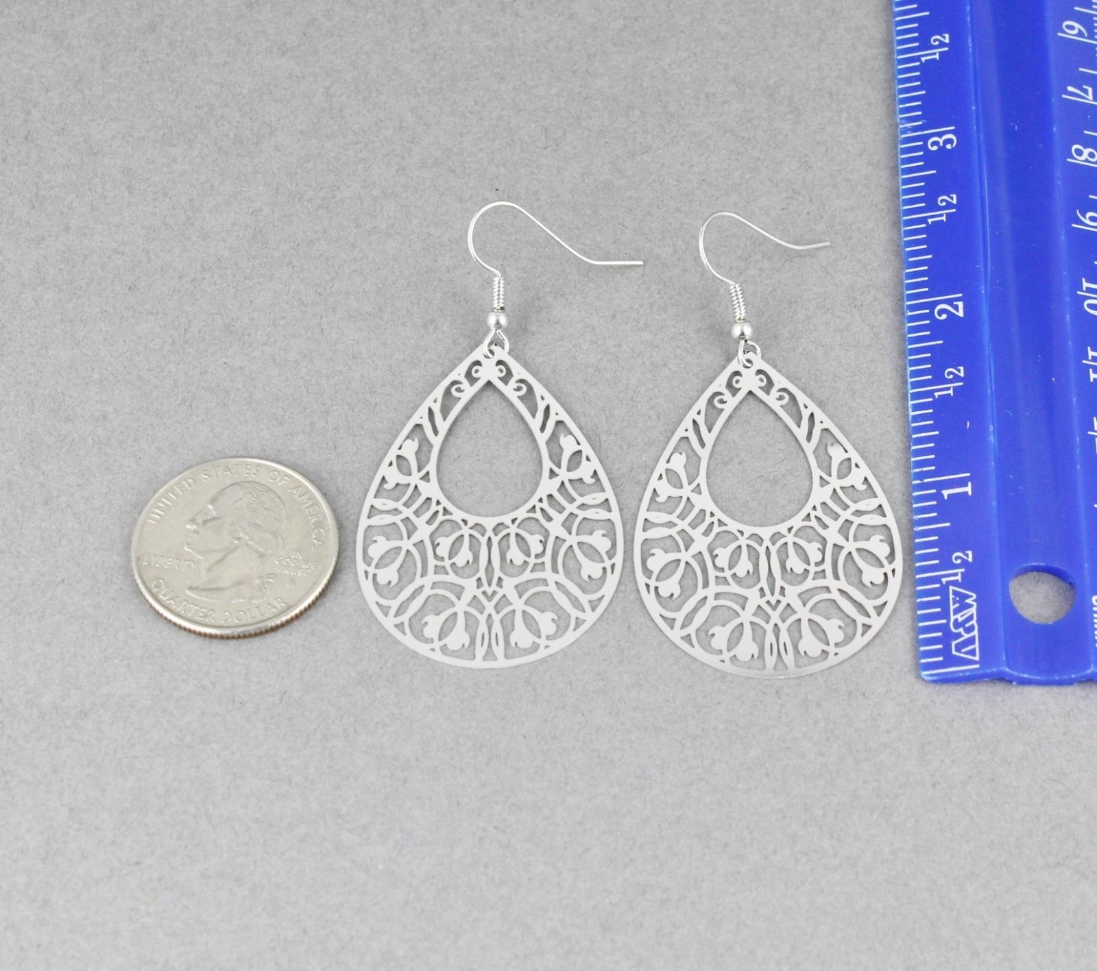 Silver teardrop filigree dangle earrings shiny 2 7/16″ long lightweight scroll