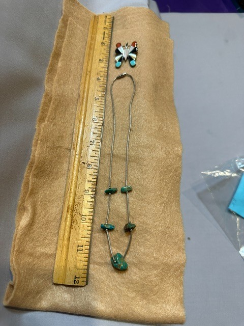 2 items Zuni butterfly pendent and a turquoise small necklace all Unmarked.