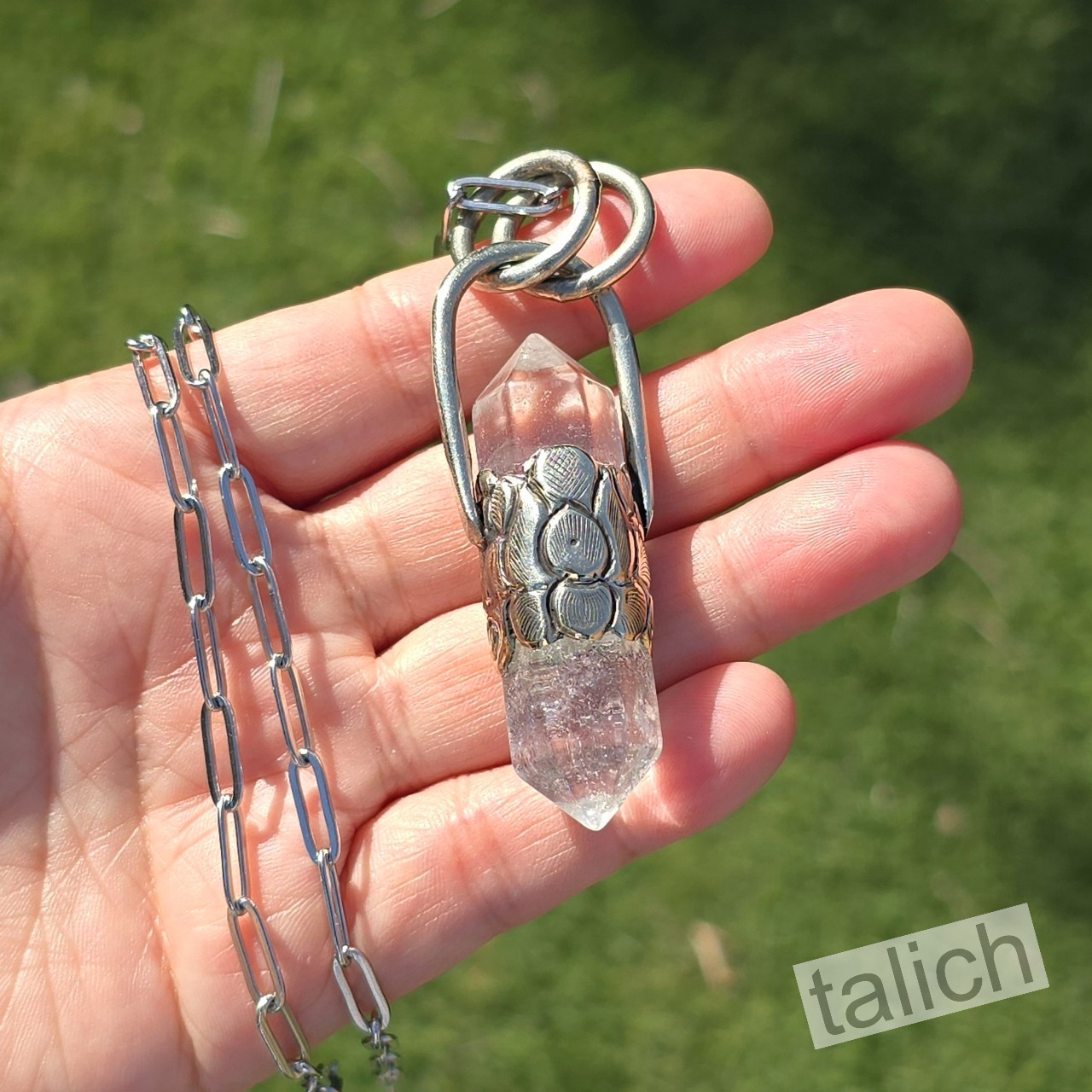 Double Point Rock Crystal Point Floral Tibetan Silver Pendant Long Necklace Chic