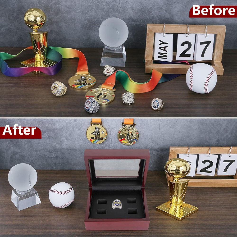 5 Holes Championship Ring Display Case Box Wooden Collection Storage Box Gift US