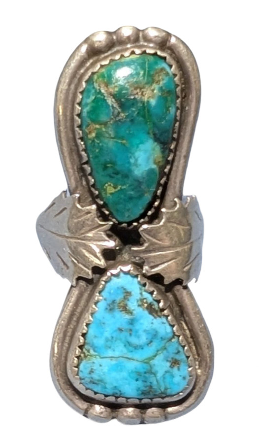 RARE VINTAGE NAVAJO DOUBLE blue & green TURQUOISE STERLING 925 RING OLD PAWN 6