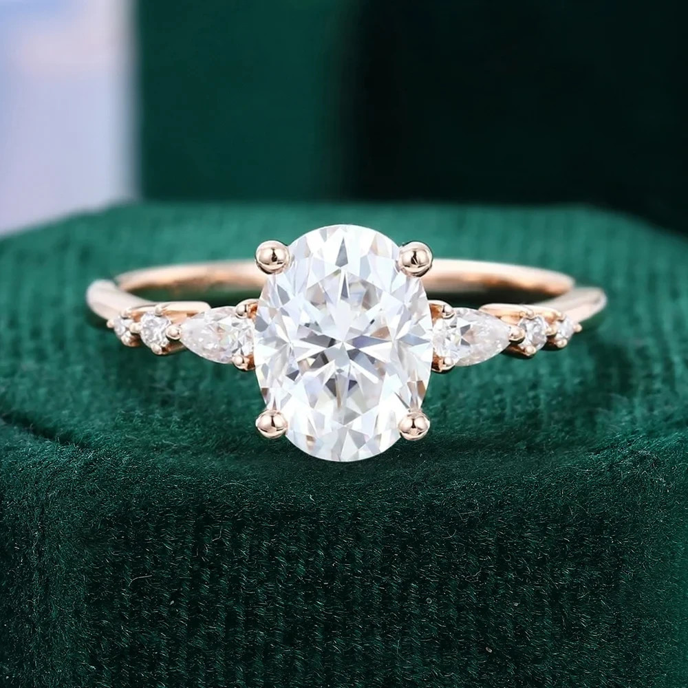 1.50 CT Oval Moissanite Solitaire with Accents Wedding Ring 14K Rose Gold Plated