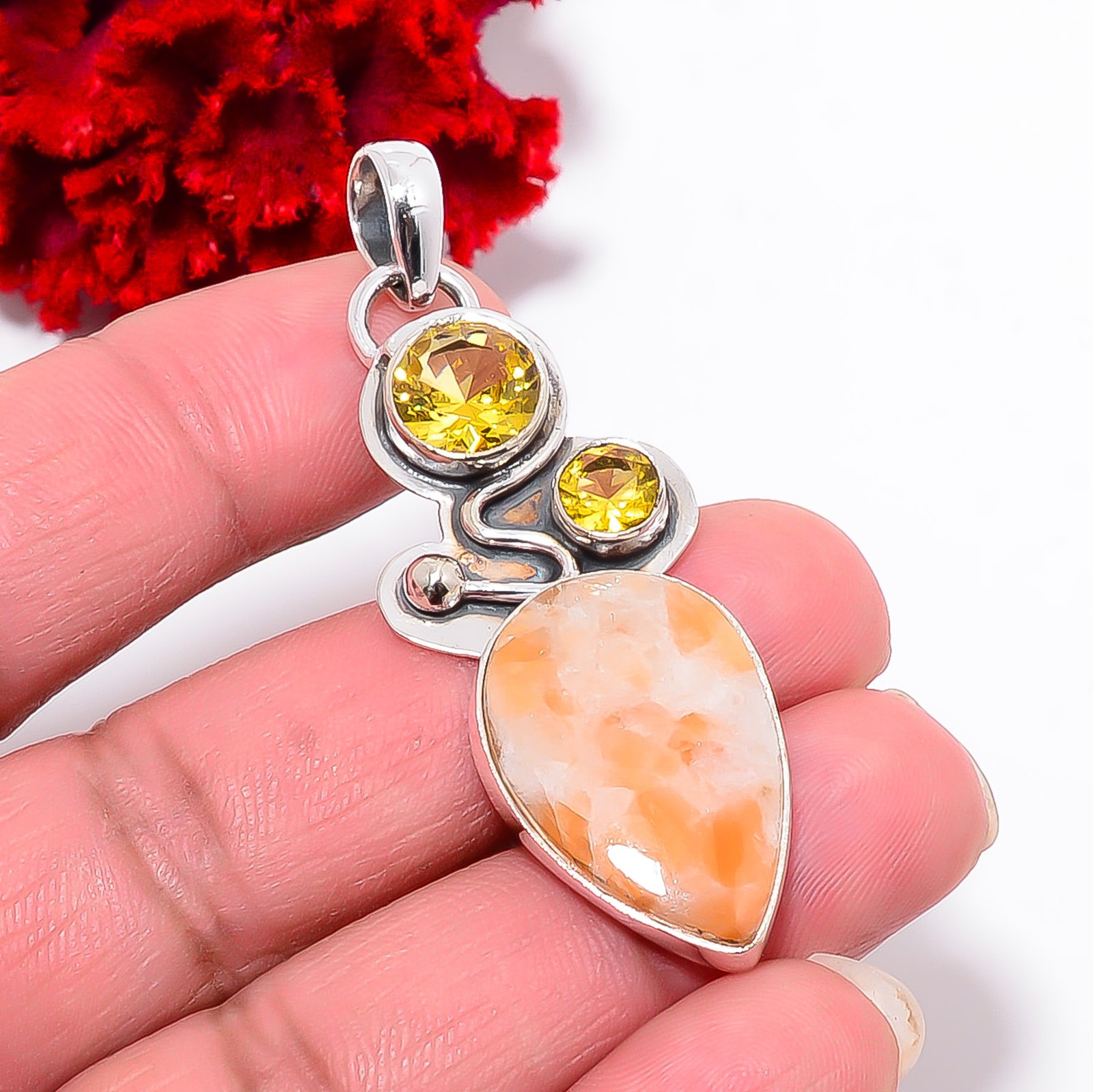 Orange Calcite- Peru & Citrine Handmade 925 Sterling Silver Pendant 2.03″ P94330