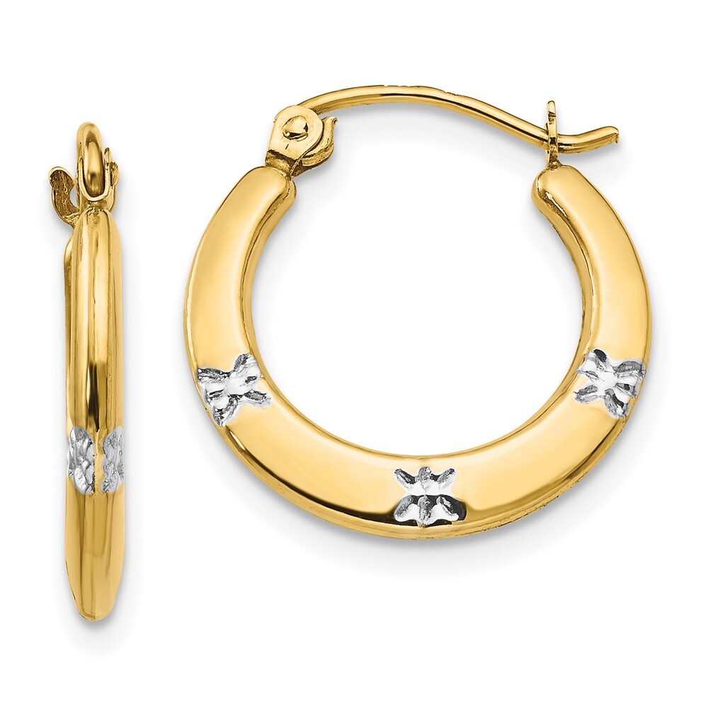 14K Two-tone Gold Flowers Hollow Hoop Earrings 0.65g L-18mm, W-17mm for Mom