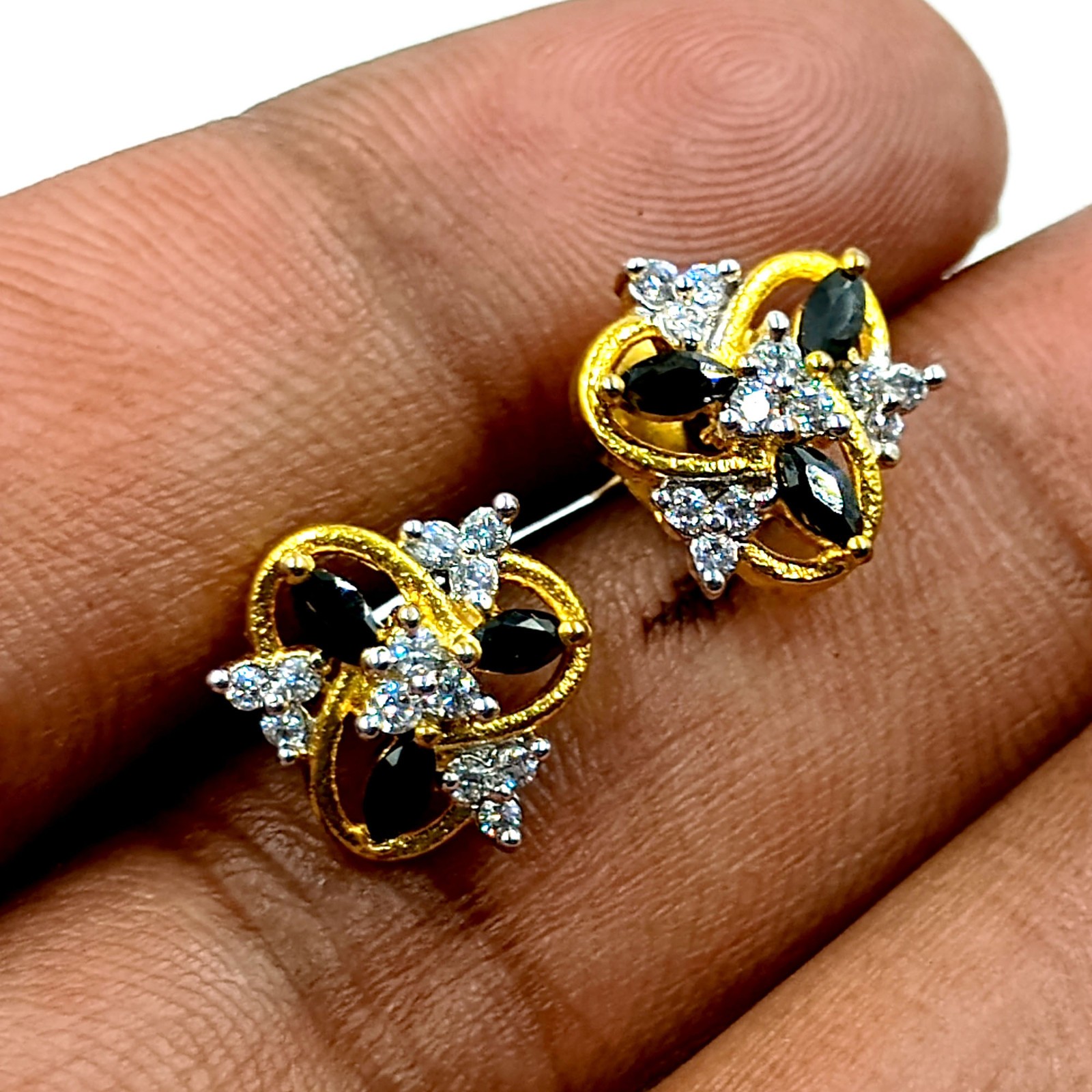 Black Onyx CZ Gold Plated Studs Handmade Indian Jewelry Traditional Gift for Her