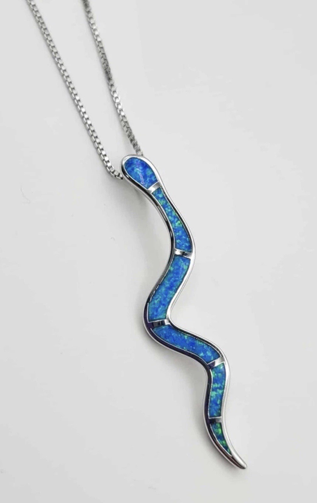 925 Sterling Silver Blue Opal Snake Necklace 17.7”