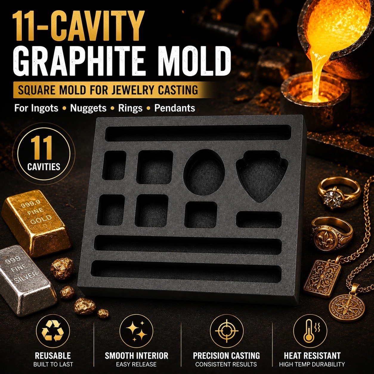 Graphite Ingot Mold Gold Silver Copper Melting Refining Casting Block 4x4inch