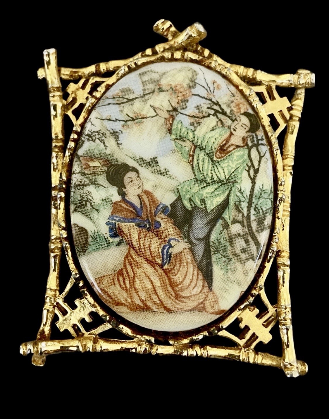 VTG Signed ART Porcelain Asian Scene Cameo Brooch In Faux Bamboo Frame~1950s