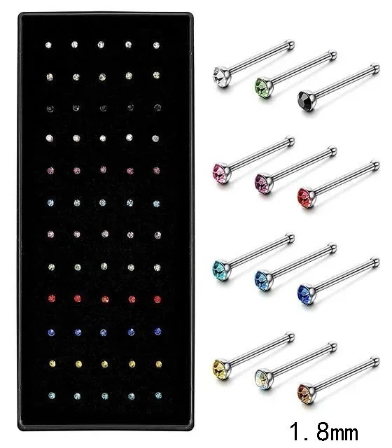 40pcs Crystal Nose Stud Rings Stainless Steel Hypoallergenic Piercing Jewelry