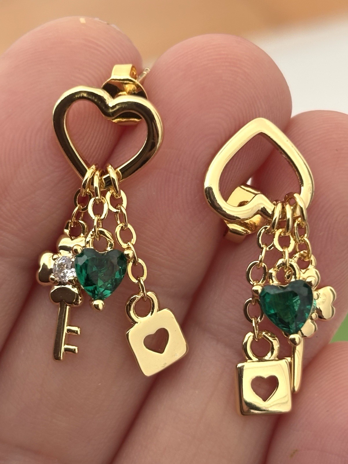 Gold Plated Heart Dangle Earrings Green CZ Heart Clover Key Heart Lock Stud Gift
