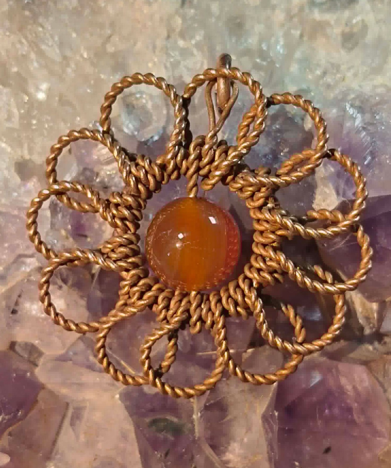 Flower Pendant Copper Daisy Wire Wrapped Mandala Agate Energy Lucky Jewelry #PM5