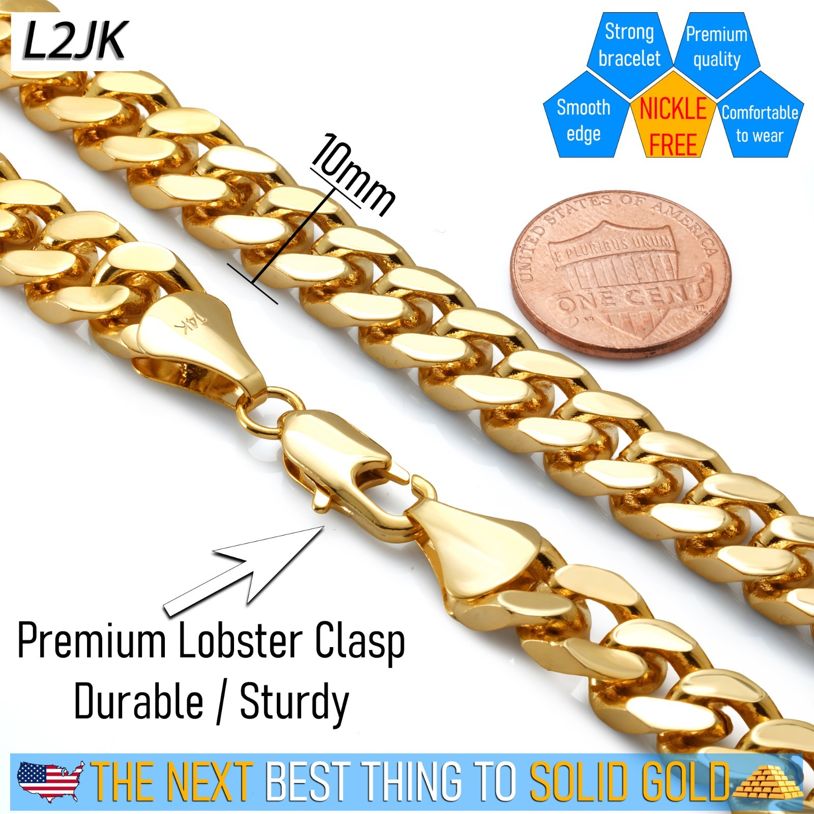 Solid Cuban Link Chain 10mm Bracelet 8.5″in | 14K Gold Plated HipHop Men Fashion