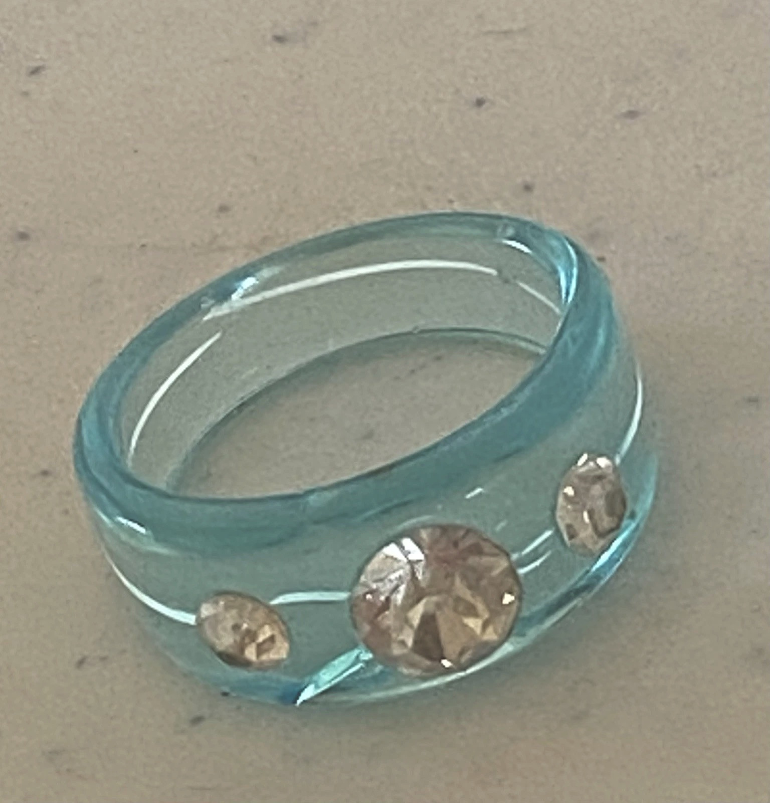 Lucite Blue Acrylic Plastic Ring Clear Rhinestones Size 6