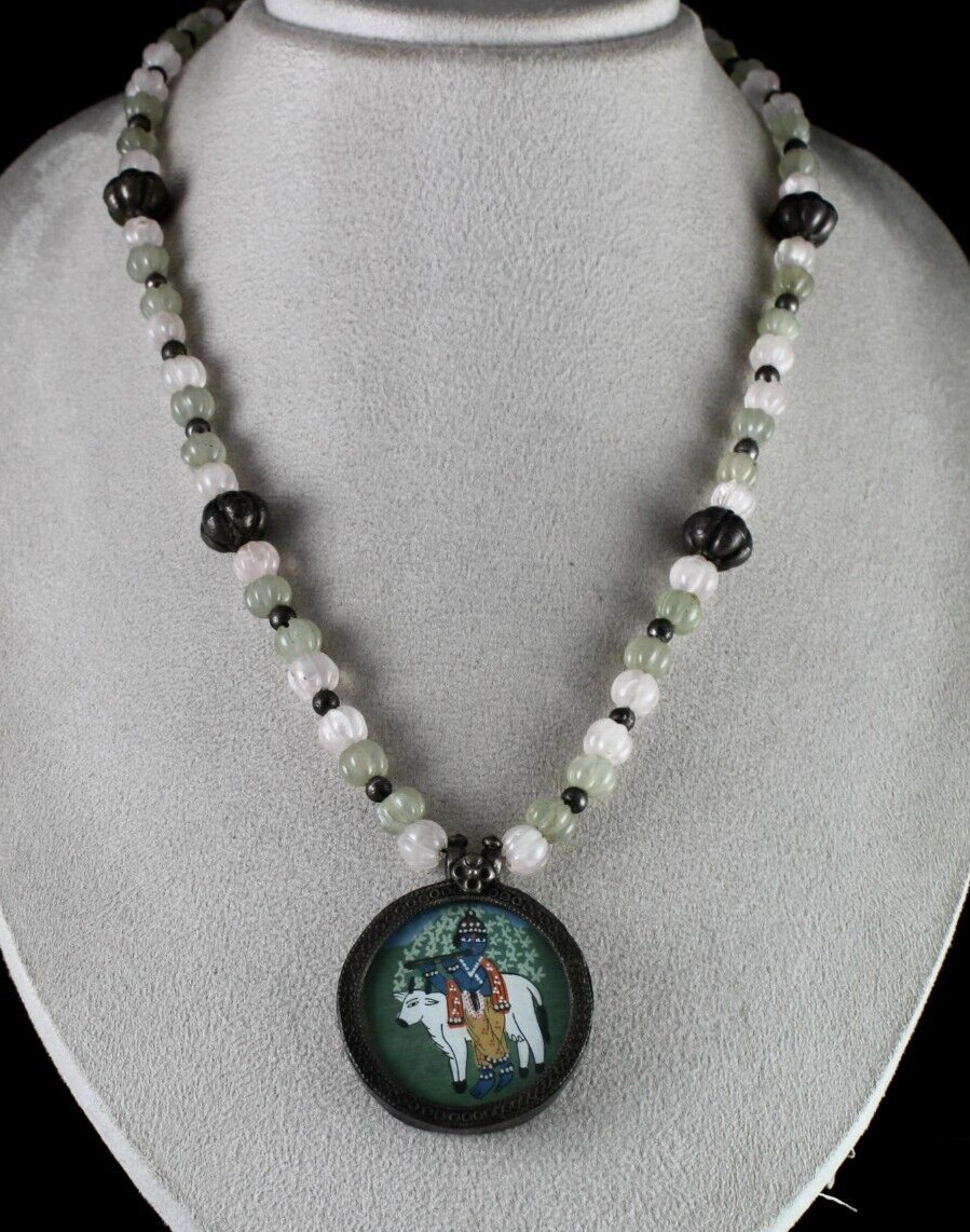 Sterling Silver Krishna Painting Pendant Rose Quartz 383ct Jade Necklace