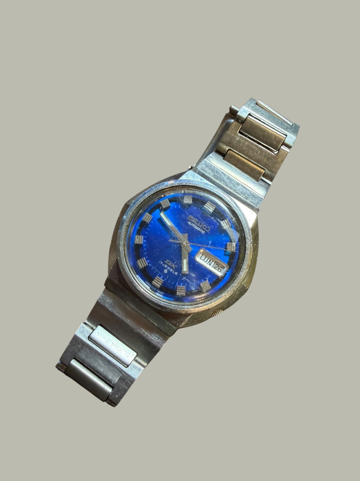 Vintage Seiko Automatic 17 Jewels Blue Dial Day Date Stainless Steel Wristwatch