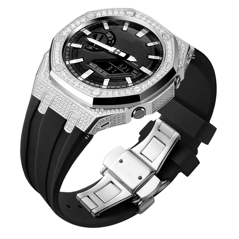 Bling Diamond Stainless Steel Case + Rubber Strap AP MOD KIT for G-SHOCK GA-2100