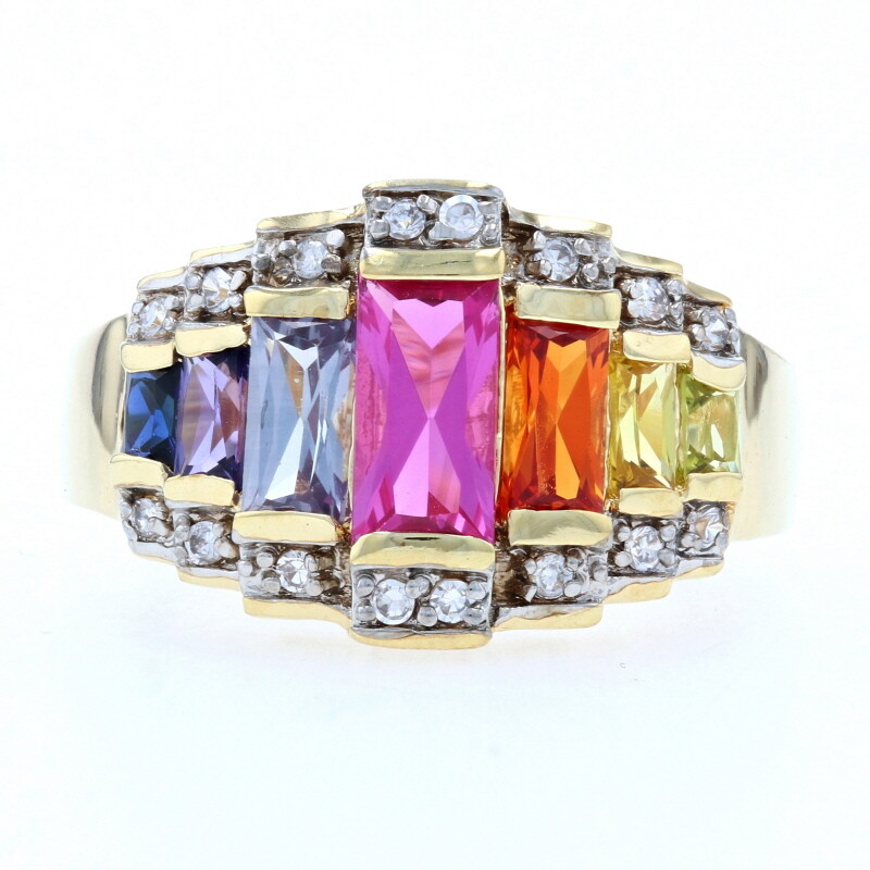Sterling Multi-Color Synthetic Sapphire & CZ Ring – 925 Gold Pltd 3.11ctw Size 5