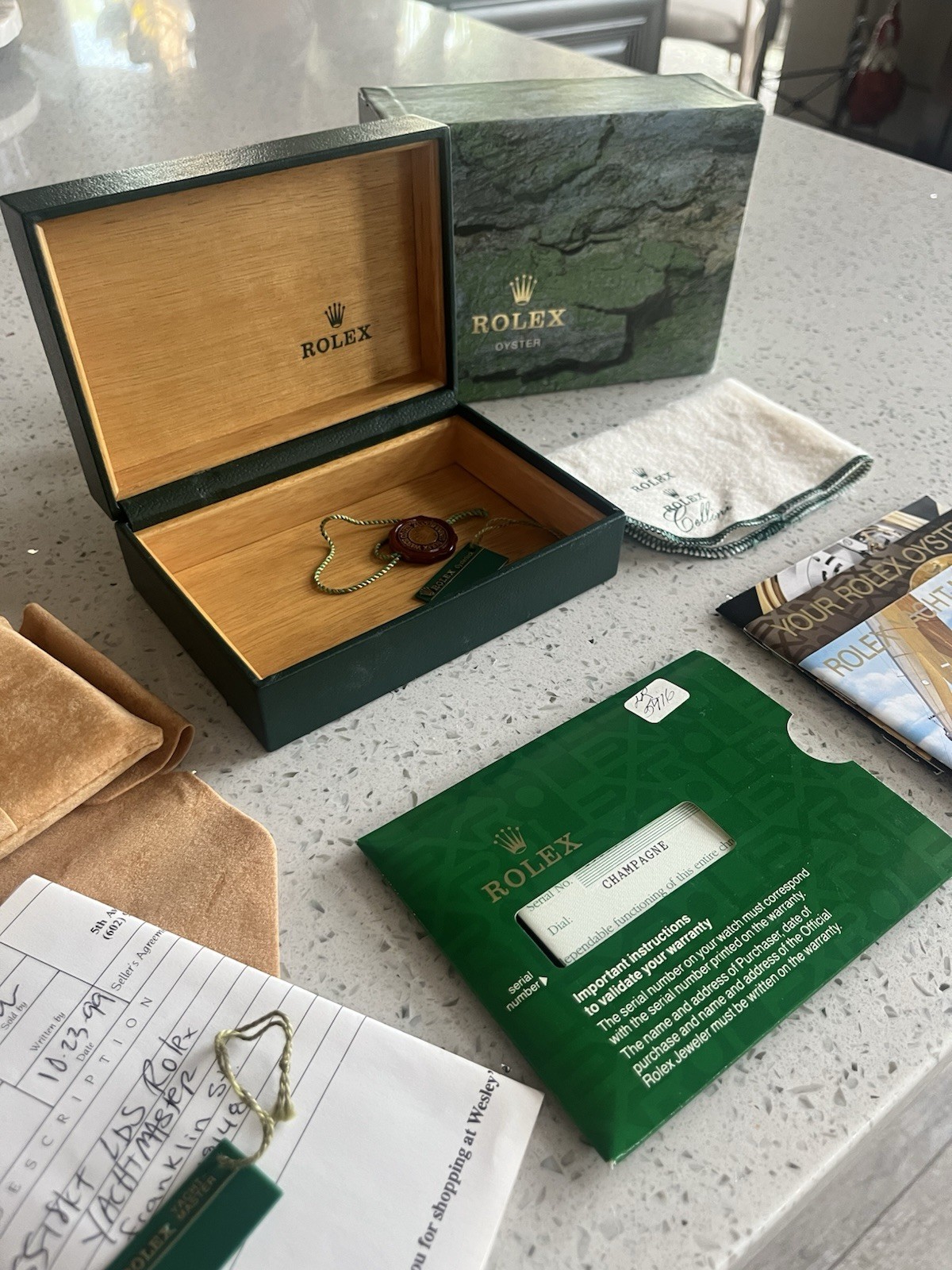 Rolex Green Wood Watch Storage Box Set w/ Outer Box, Papers, Tag, Cloth
