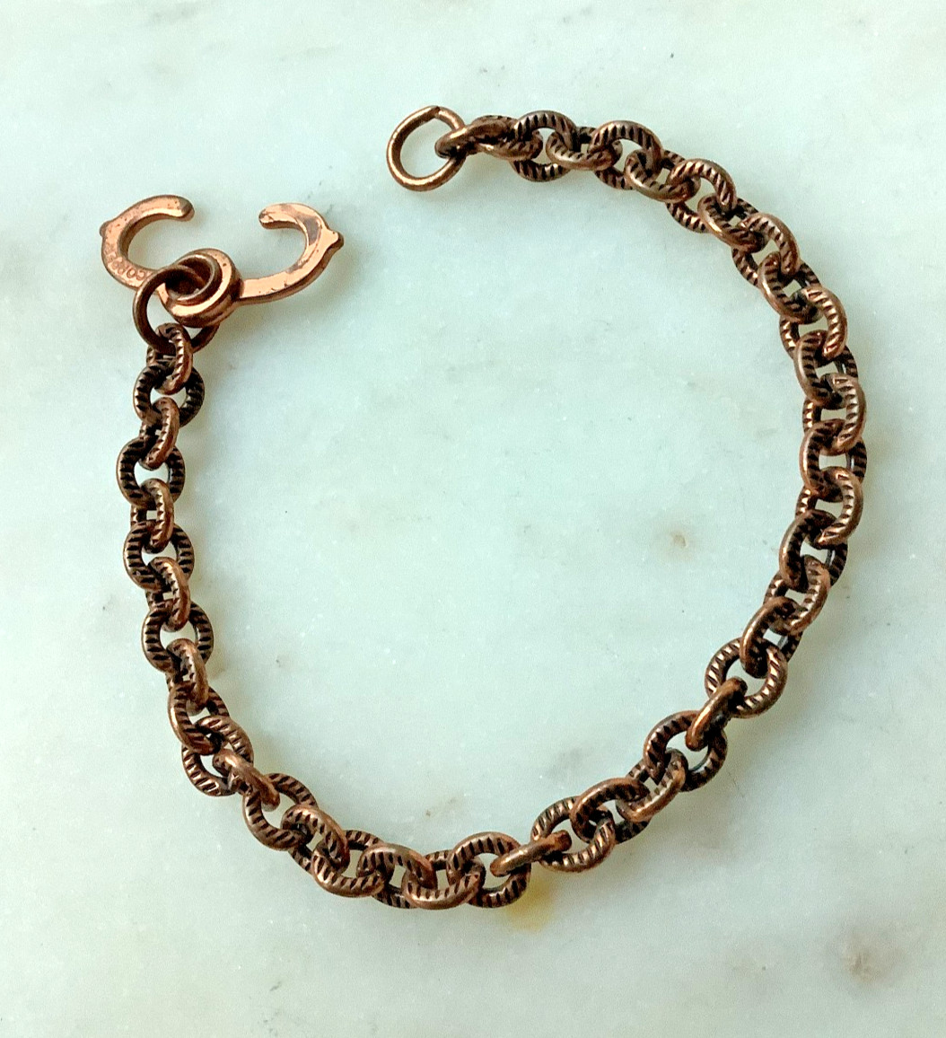 Solid Copper Bracelet Vintage Etched Links Unisex, Signed 6.5” Estate Jewelry