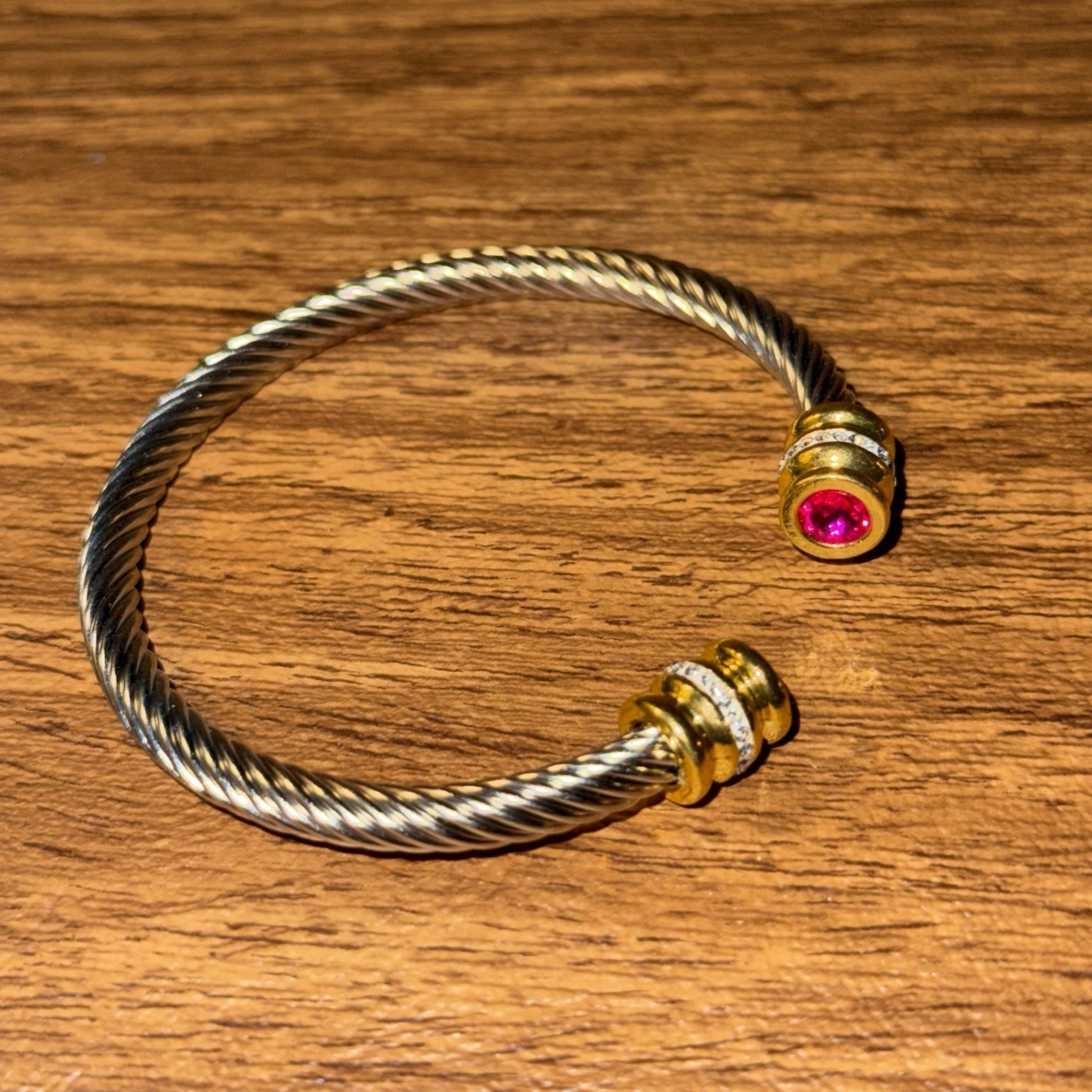 Silver Tone Rope Cable Cuff Bangle Bracelet | Gold Tone Ends Pink Crystals
